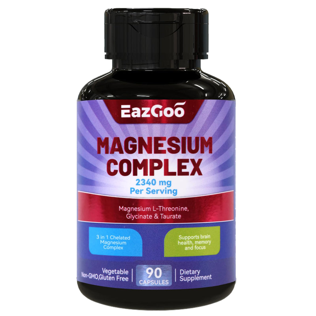 EAZGOO Magnesium Supplement - Chelated Magnesium Complex 2340mg - 3 Forms of Magnesium: Magnesium L-Threonine Glycinate & Taurate - Supports Relaxation & Brain Health 90 Veggie Magnesium Capsules