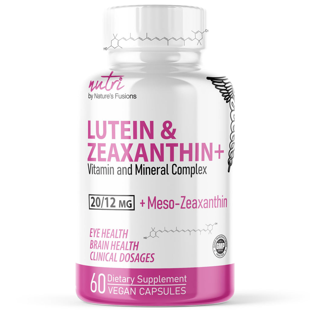 Nutri Lutein 20mg Eye Vitamins Complex - Triple Carotenoid Formula - Lutein and Zeaxanthin Supplements - Contains Zinc Vitamins ACD3E Folate - 60 Capsules - Eye Health Supplements