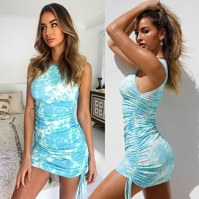 Summer Tie Dye Ruched Bodycon Mini Dress for Women