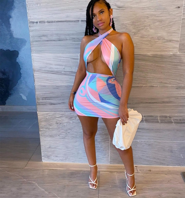 Sexy Rainbow Tie Dye Halter Bodycon Mini Dress for Women