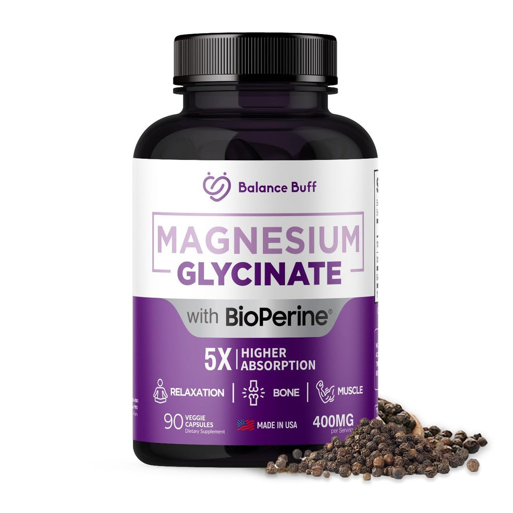 Magnesium Glycinate 400mg with Bioperine - 5X High Absorption with Bioperine - Support Stress Relief Sleep Bone Health - Pure Magnesium Supplement | Magnesium Glycinate Chelated - 90 Veggie Capsules